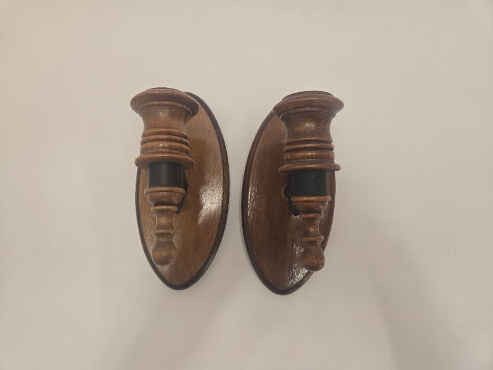 Vintage 1990s Wood Black Metal Candle Wall Sconces Pair 8" Rustic Southwest